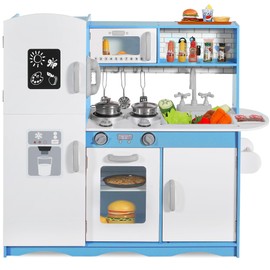 TODEFULL Wooden Kids Kitchen Playset, Modern Wooden Play Kitchen Sets w/Lighted Stove, Oven, Microwave & Ice Maker, Little Chef Pretend Play Kitchen for Girls and Boys (Blue)