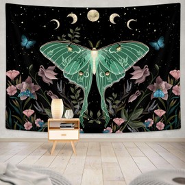 Drgilau Teal Luna Moth Tapestry Wall Hanging, Moon Phase Stars Cute Plants Butterfly Floral Botanical Nature Aesthetic Celestial Wall Tapestries for Bedroom Home Living Room Dorm