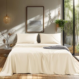 LBRO2M Cooling Bed Sheet 100% Viscose Derived from Bamboo Sheet Set 4 Piece Queen Size,Fit Up to 16" Deep Mattress, 1800 TC Sheet Super Soft Silky Smooth,Breathable Cool Bedding (Queen Beige)