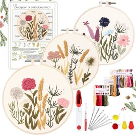 YINVA Embroidery Set Beginners, 2023 Floral Pattern Plants Cross Stitch Kit Starter Tools Kit with 2 Pieces Plastic Embroidery Hoops, Colour Threads and Tools, for DIY Art, Crafts, Embroidery (Pink)