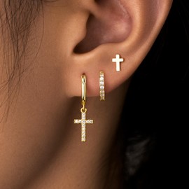 Gold Cross Hoop Earrings Set for Women Mens 14K Gold Plated Diamond Earrings Cartilage Dainty Cross Stud Dangle Earrings Stacks Gifts Womens Mens Jewelry