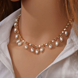 Atentuyi Tennis Necklace Rhinestones Choker Gold Chain Pendant Pearl Necklace Cubic Zirconia Chain Bridal Wedding Cz Necklace Jewelry for Women and Girls