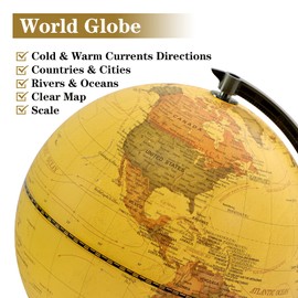 JOHWOL Illuminated Globe of the World with Wooden Stand, 8'' Vintage World Globe Built in LED Night Light, Antique Desktop Globe for Kids&Adults' Geography Learning, Decor for Home Office Classroom