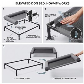 Elevated Dog Bed & Raised Pet Cot with Sturdy Frame — Waterproof & Breathable Cooling Camping Bed for Indoor and Outdoor Use