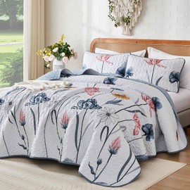 WONGS BEDDING King Set Quilt Set Floral,3 Pieces Blue & Pink Bedspread Coverlet Set Botanical Bedspreads Bed Cover，Quilts Soft Lightweight Farmhouse Flower Bedding Set for Spring Summer(104"x90")