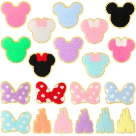 EVERMARKET 20 Pcs Cute Chenille Patches Iron on Mouse Head Patch Bow Castle Patches Colorful Chenille Embroidered Applique Patch Sew on Gold Trimmed Mouse Decorative Patch for DIY Clothing Decors