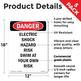 Electric Shock Hazard Risk Swim OSHA Danger Rigid Plastic Sign 18 Inch x 12 Inch - 5 Pack