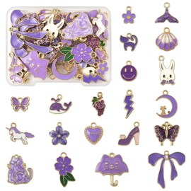 MakemadeDIY 40 PCS Purple Cute Flower Heart Charms for Jewelry Making, Metal Enamel Pendants with Animal Fruit Beach Shape for Necklaces Bracelets Earrings Crafts