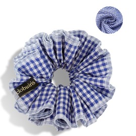 Vintage Plaid Cotton Scrunchies for Women - Extra Large 6.2 in (16cm) Hair Ties with Layered, 17 Colors Retro Hair Accessories for School & Daily Use (Classic Checkered) (Sapphire Blue, Baby)