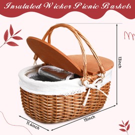 DoubleFill Wicker Insulated Picnic Basket with Lid Wicker Picnic Basket with Folding Handles and Insulated Cooler Bag for Picnic Camping Outdoor Easter Valentine‘s Day Birthday Gift(White,Cooler)