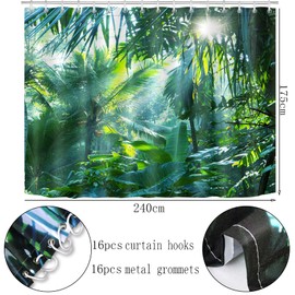 LB Shower Curtain, Jungle Bath Curtains, Green Forest, Tropical Plants, Banana Leaf, Extra Wide, Waterproof, Anti Mould, Polyester Bathroom Curtain with Hooks, 240 x 175 cm