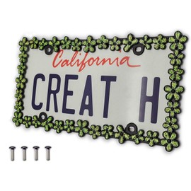Creathome 3D Shining Daisy Wrenth License Plate Frame from Pure Zinc Alloy Metal Perfect Plate Holder, Matt Black with Green Glitter