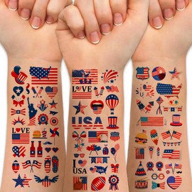 American Flag Tattoos Fourth of July Decoration Tattoos,80 Styles Red White and Blue Temporary Tattoo Stickers for Party Supplies,USA Flag,4th of July,Memorial Day,Independence Day,Labor Day Q719