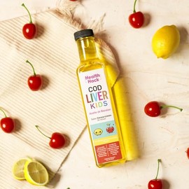 Health Hack Cod Liver Kids | Suplemento para Niños | Aceite de Hígado de Bacalao | Enriquecido con Aceite de Atún | Rico en Omega 3 DHA | Vitaminas A, D y E | Sabor Cereza-Limón | Desarrollo Saludable