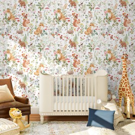 ReWallpaper Woodland Animal Wallpaper Peel and Stick Whimsical Forest Wallpaper with Animals Removable Floral Contact Paper Waterproof Fox Squirrel Bunny Wall Paper for Nursery Kids Room 17.5inX23ft