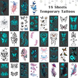 Acevegue 18 Sheets Glow in the Dark Temporary Tattoos Set, Blue Luminous Butterfly Feather Rose Flowers Fake Tattoos Stickers for Adults Men Women Party Favours Night Club Pub