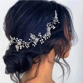EASEDAILY Crystal Bride Wedding Hair Vine Silver Rhinestone Headpiece Pearl Bridal Hair Accessories Hair Piece for Women and Girls (15.7in)
