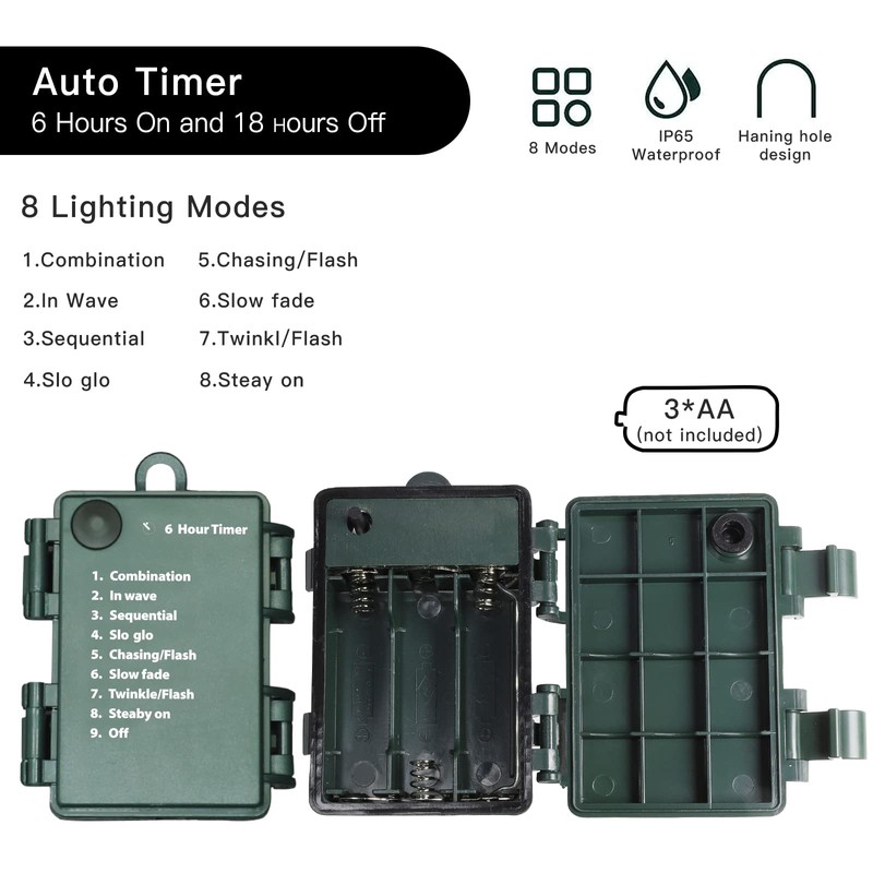 TWINGLEHOME 100LED C6 Lights,Green Wire,Waterproof Battery Case,Multi Functions,Timer,Multi（2 Sets -
