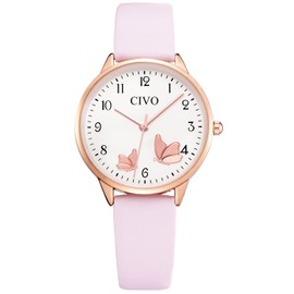 CIVO Ladies Watches Leather Pink Analogue - Watches for Women Fashion Dress Quartz Slim Waterproof Women Wrist Watches Designer, Elegant Gifts for Women