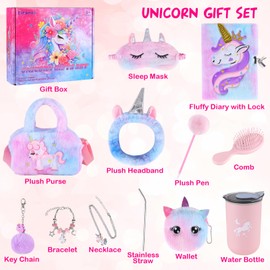Unicorns Gifts for Girls 3 4 5 6 7 8 9 10+ Years Old with Unicorns Handbag Purse/Diary with Lock/Headband/Eye Mask/Water Bottle, Kids Unicorns Toy Soft Plush Toys Set for Birthday Gifts Christmas