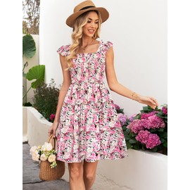 Naggoo Sundresses for Women Ruffle Short Summer Dresses Square Neck Smocked Pink Floral Dress M Pink Floral