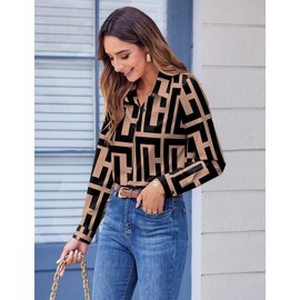 Zeagoo Business Casual Tops for Women Spring Clothes Long Sleeve Blouse Print Button Down Shirs V Neck Work Clothes