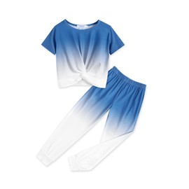 Arshiner Girl's 2 Piece Outfits Clothing Color Gradient Twist Front Crop Top and Pants Set Blue White Size 6