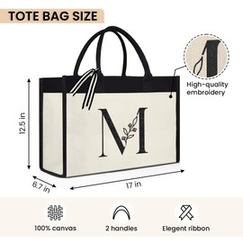 SANDJEST Letter M Initial Canvas Tote Bag Embroidered Monogrammed Beach Bags Gift for Women Friend Coworker Bridesmaid