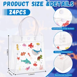 Kolldenn 24 Pcs Sea Animals Gift PVC Bags Plastic Clear Gift Bags with Handles Sea Animals Party Favor Ocean Animals Themed Goodie Holder for Party Supplies Birthday Treat (5.9 x 6.3 x 2.7 Inches)