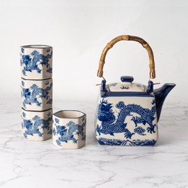 Oriental Dragon Porcelain Square Shaped Tea Set 20 fl oz Teapot and 4 Hexagon Shape Tea Cups