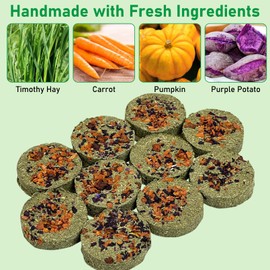 Fhiny 24 PCS Rabbit Chew Toys, Natural Timothy Hay Carrot Pumpkin Purple Potato Biscuit Cubes Bunny Chew Treats for Teeth Care Small Animals Molar Snacks for Hamster Guinea Pig Chinchilla Rat