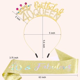 AHONEY 40th Birthday Queen Headbands for Women, 40 & Fabulous Birthday Sash and 40th Birthday Tiara Set, 40th Birthday Decorations Birthday Gifts for Women Party Favors (Gold)