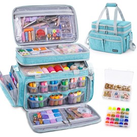 AMOIGEE Sewing Organizer Bag with 2 Clear Storage Boxes, Double Layer Sewing Supplies Organizer, Large Sewing Storage Bag with Removable Dividers for Thread, Fabric, Embroidery & Craft Supplies
