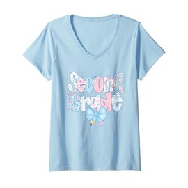 Womens Preppy Second Grade Coquette Bow Back To School Teacher Girl V-Neck T-Shirt