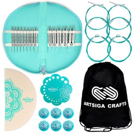 Knitpro Mindful Passion Set 4 Inch Circular Knitting Needles Size 2.5, 3, 4, 5, 6, 7, 8, 9, 10, 10.5, 11, 13, 15 Interchangeable, 6 Cables & More, Fabric Case with Project Bag