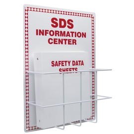 Accuform ZRS407 Basket-Style Aluminum SDS Information Center, 20" Length x 15" Width x 0.063" Thick Backboard with Coated Wire Basket, 1-1/2" Safety Data Sheets 3-Ring Binder Included, Red on White