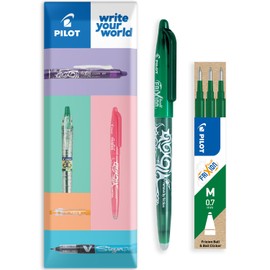 PILOT Frixion Heat/Friction Erasable Rollerball Pen FR7 - Medium Line 0.7mm Tip Nib - In Envelope Gift Packaging - Pack of 1 Pen + 3 Refills (Green)