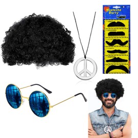 ANROI 9 Piece Hippie Costume Set for Men, 70s 80s Disco Afro Wig, Sunglasses, Peace Sign Necklace, Moustache, Ideal for Retro Party