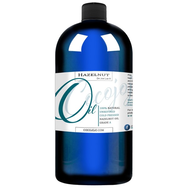 cocojojo Hazelnut Oil 100% Pure Unrefined Cold Pressed Premium Grade A for Hair Skin Hydrating Moisturizing 32 Ounce