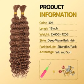 LPARMJIT Deep Wave Bulk Hair for Braiding, 18 Inches, 2 Bundles/Pack, No Weft for Braiding, Wavy Synthetic Braiding Hair Extensions for Boho Braids (30#, 18 Inch (1 Pack)