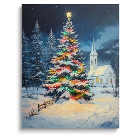 Christmas Tree in Snowy Landscape Canvas Wall Art Decor - Colorful Lights and Star, Ideal for Living Room, Fireplace or Entryway, 11X14 inch Ideal Seasonal and Gift for Christmas Enthusiasts