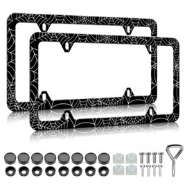 Spider Web License Plate Frames - 2 Pack Front Rear Goth Gothic Web License Plates Holder Covers, Aluminum Metal Rust-Proof Waterproof Car Tag Frame with Screws Fasteners Caps