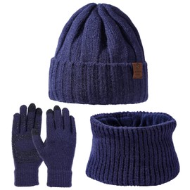 Favoreal Womens Mens Warm Knit Beanie Hat Neck Scarf Touchscreen Gloves Set Winter Hat Fleece lined Skull Caps (Navy Blue, One Size)