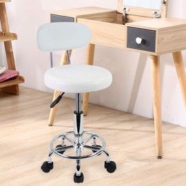 KKTONER PU Leather Modern Rolling Stool with Low Back Height Adjustable Work Salon Drafting Swivel Task Chair with Footrest (White)