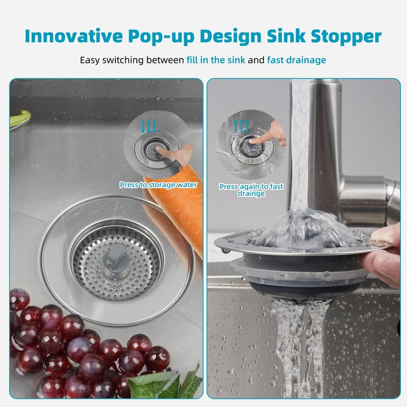 Hibbent 3 in 1 Kitchen Sink Drain Strainer, Stainless Steel
