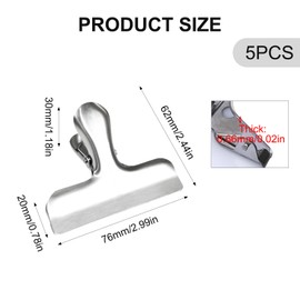 Pack of 5 Metal Clips, Clips, Large, Sealing Clips, Clips for Bags, 76 mm, Suitable for Labels, Bags, Photos, Shops, Kitchens and Offices