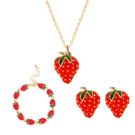 WCRAZYE Strawberry Jewelry Set for Women Cute Sweet Charm Fruit Red Strawberry Necklace Earrings Bracelet Fruit Accessories (Strawberry B Set)