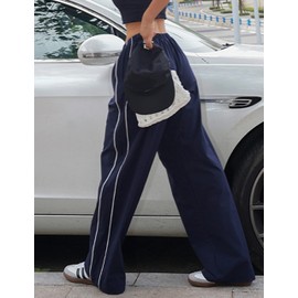 Himosyber Women's Parachute Pants Baggy Elasitc Waist Relaxed Y2K Track Pant Trousers (Navy-M)