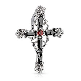 14G Black Enamel Colored Cross with Red Gem Center Rhodium Plated Top Drop Navel Belly Ring, Stainless Steel,Cubic Zirconia