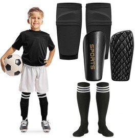Soccer Shin Guards Kids &Toddler, Small for 3-5 4-6 7-9 Years Old Children Boys Girls, Kids Shin Pads Soccer, Mini Protective Soccer Shin Pads, Sleeves and Long Soccer Socks (Black, M)